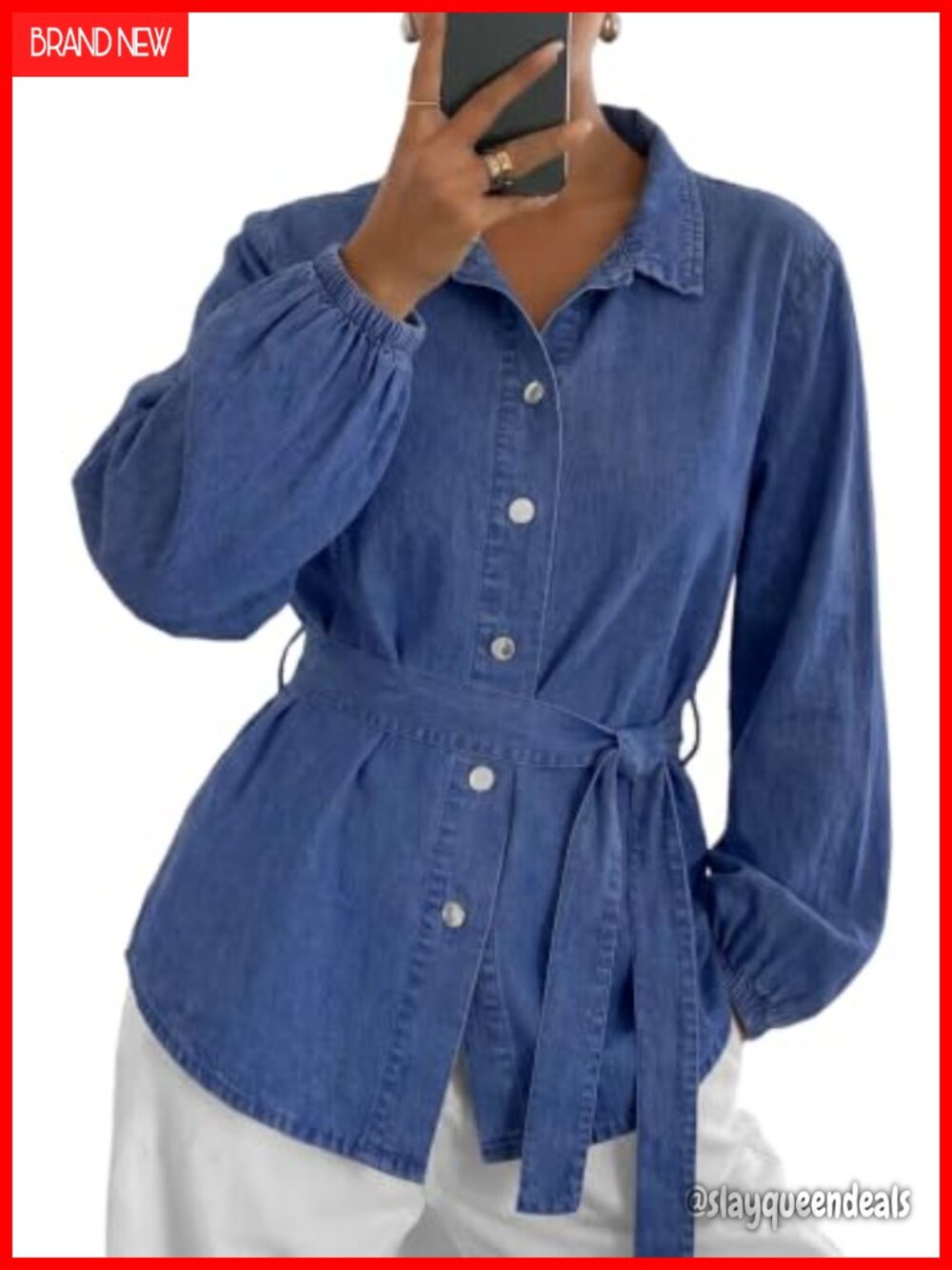 Women's Denim Chambray Button Down Shirt Tie Waist V-Neck Long Sleeve